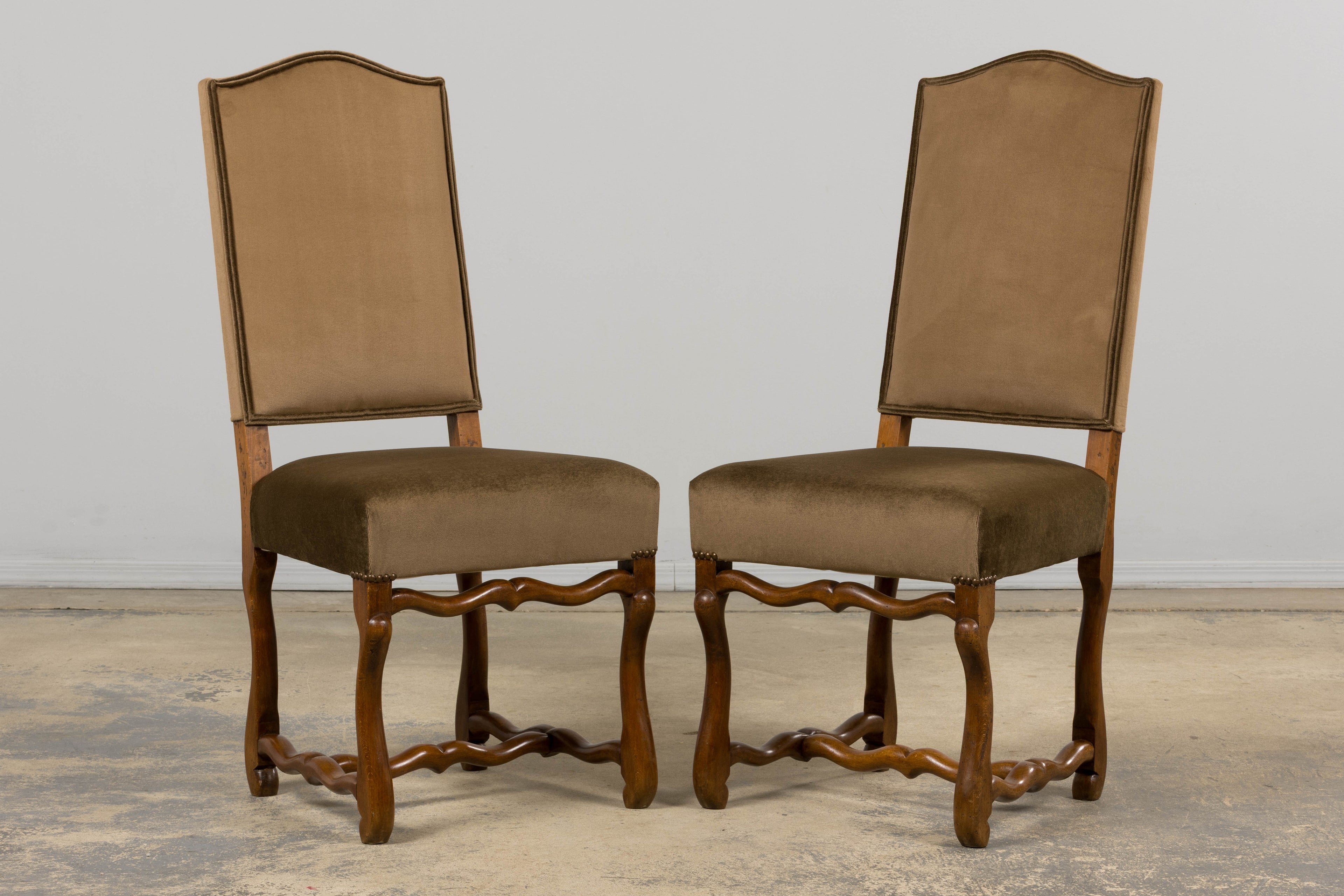 Antique French Louis XIII Style Os De Mouton Maple Dining Chairs in Brown Velvet - Set of 8