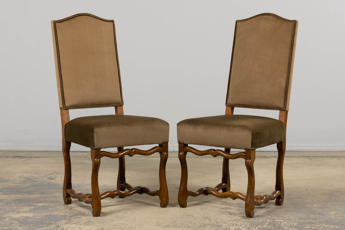 Antique French Louis XIII Style Os De Mouton Maple Dining Chairs in Brown Velvet - Set of 8