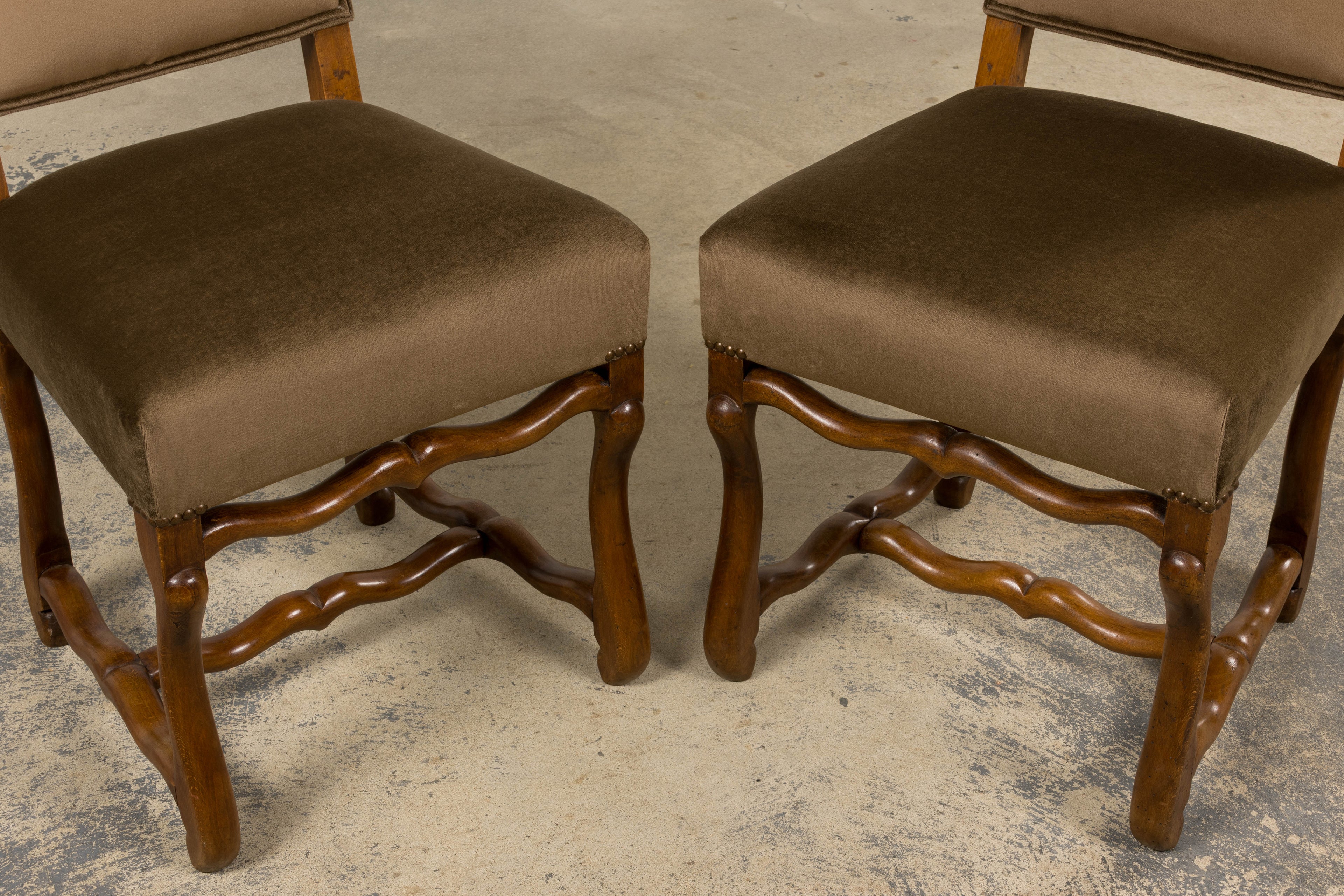 Antique French Louis XIII Style Os De Mouton Maple Dining Chairs in Brown Velvet - Set of 8