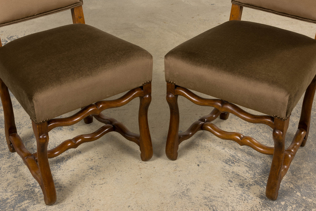 Antique French Louis XIII Style Os De Mouton Maple Dining Chairs in Brown Velvet - Set of 8