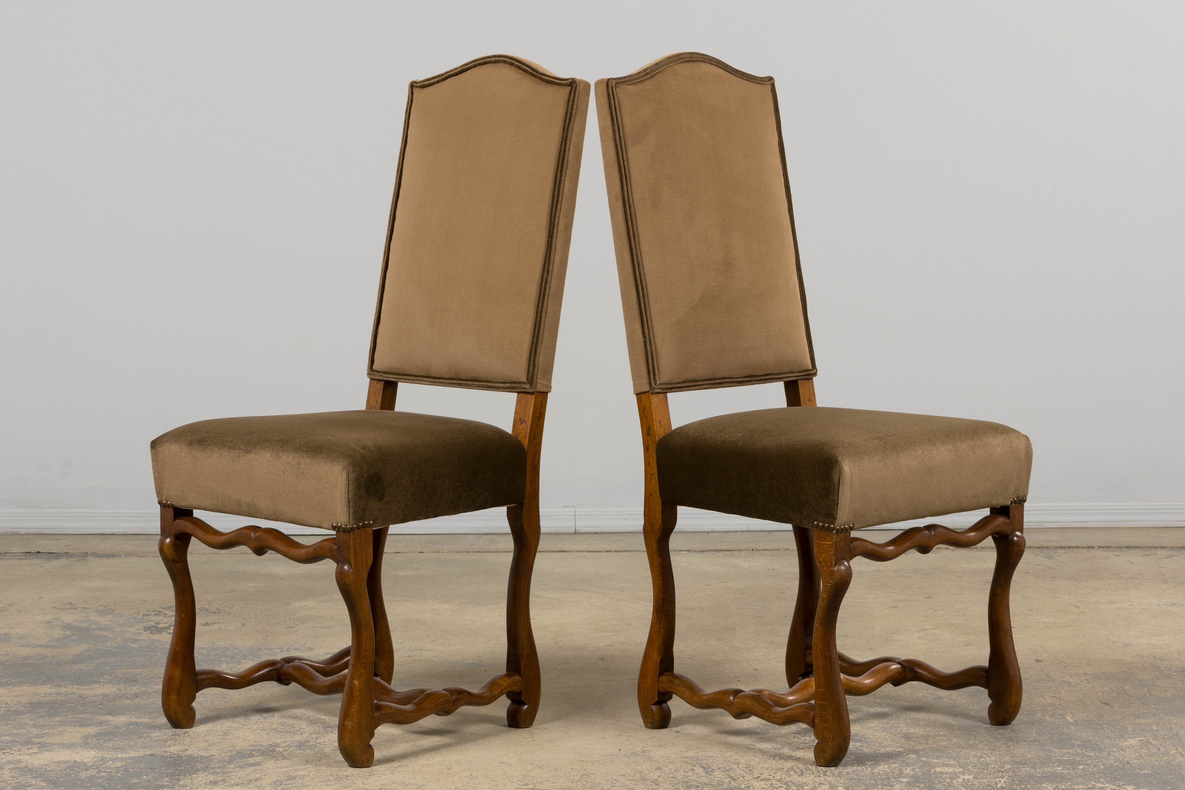Antique French Louis XIII Style Os De Mouton Maple Dining Chairs in Brown Velvet - Set of 8