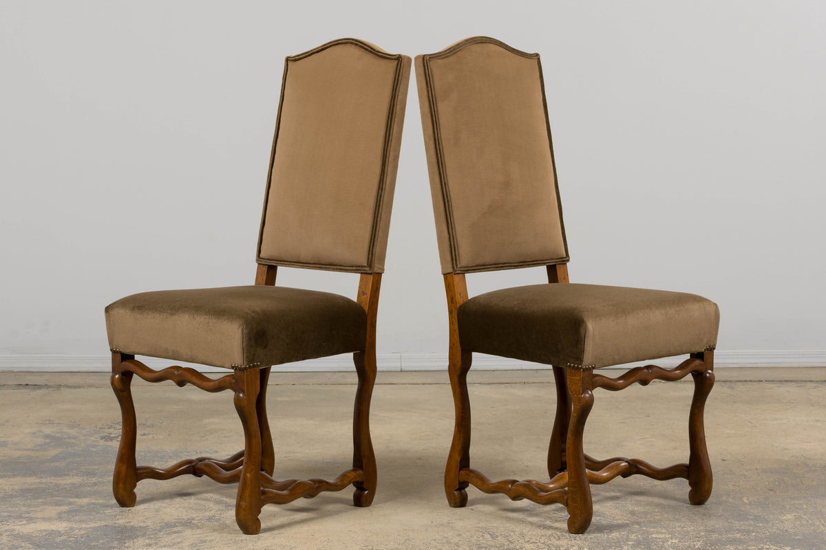 Antique French Louis XIII Style Os De Mouton Maple Dining Chairs in Brown Velvet - Set of 8