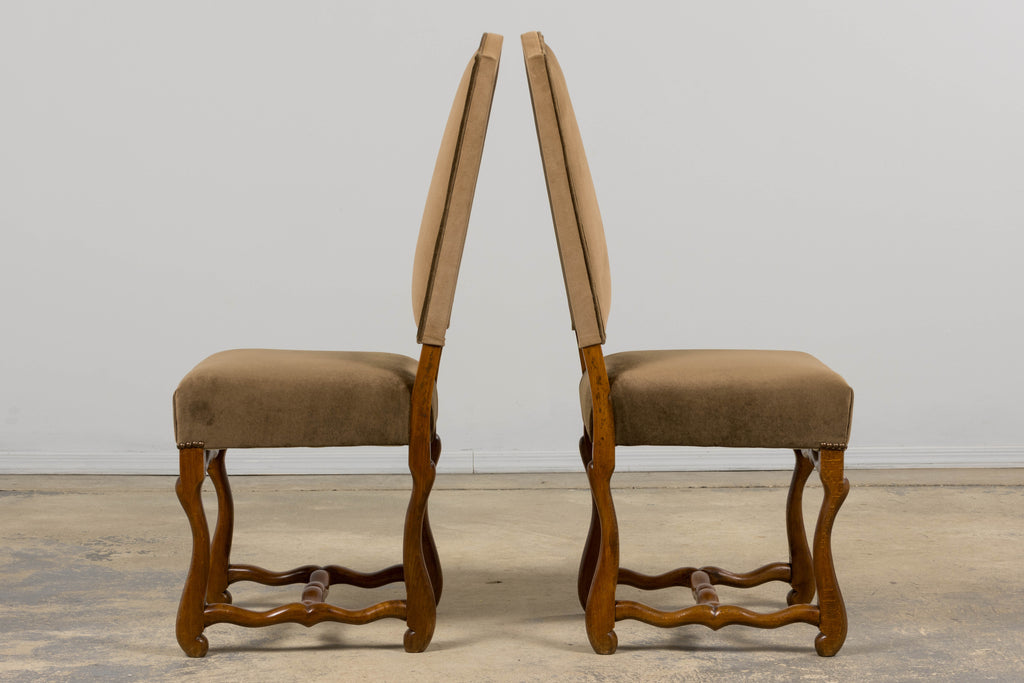Antique French Louis XIII Style Os De Mouton Maple Dining Chairs in Brown Velvet - Set of 8