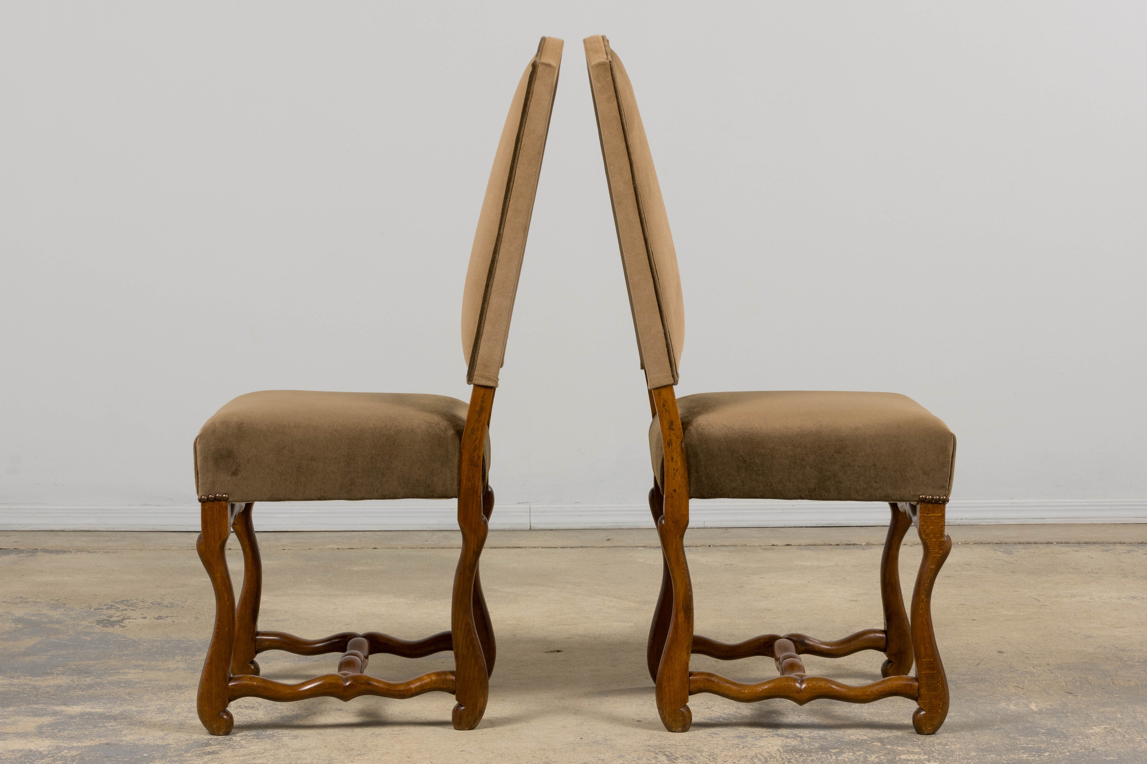 Antique French Louis XIII Style Os De Mouton Maple Dining Chairs in Brown Velvet - Set of 8