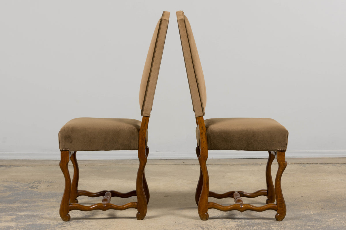 Antique French Louis XIII Style Os De Mouton Maple Dining Chairs in Brown Velvet - Set of 8