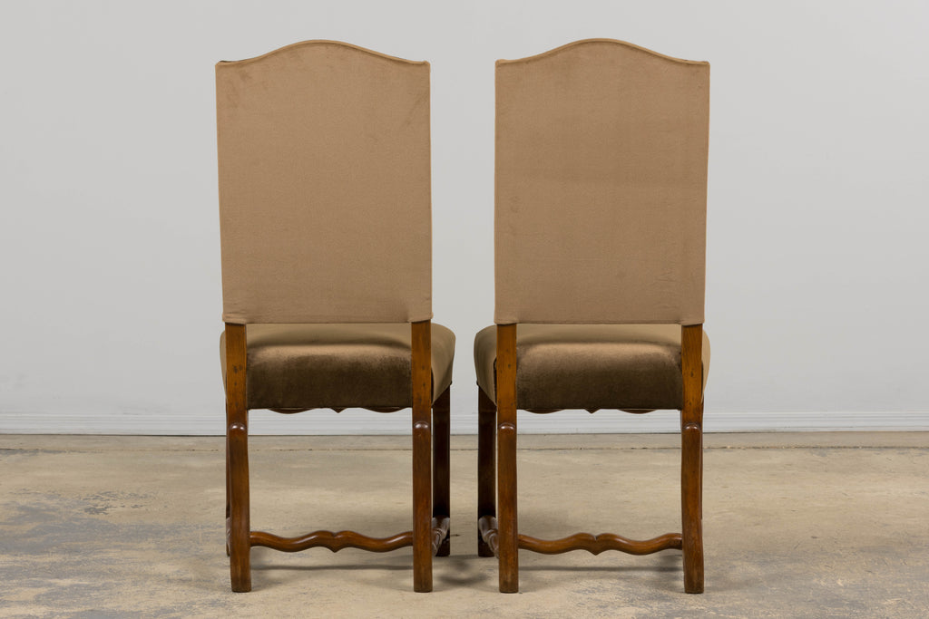 Antique French Louis XIII Style Os De Mouton Maple Dining Chairs in Brown Velvet - Set of 8