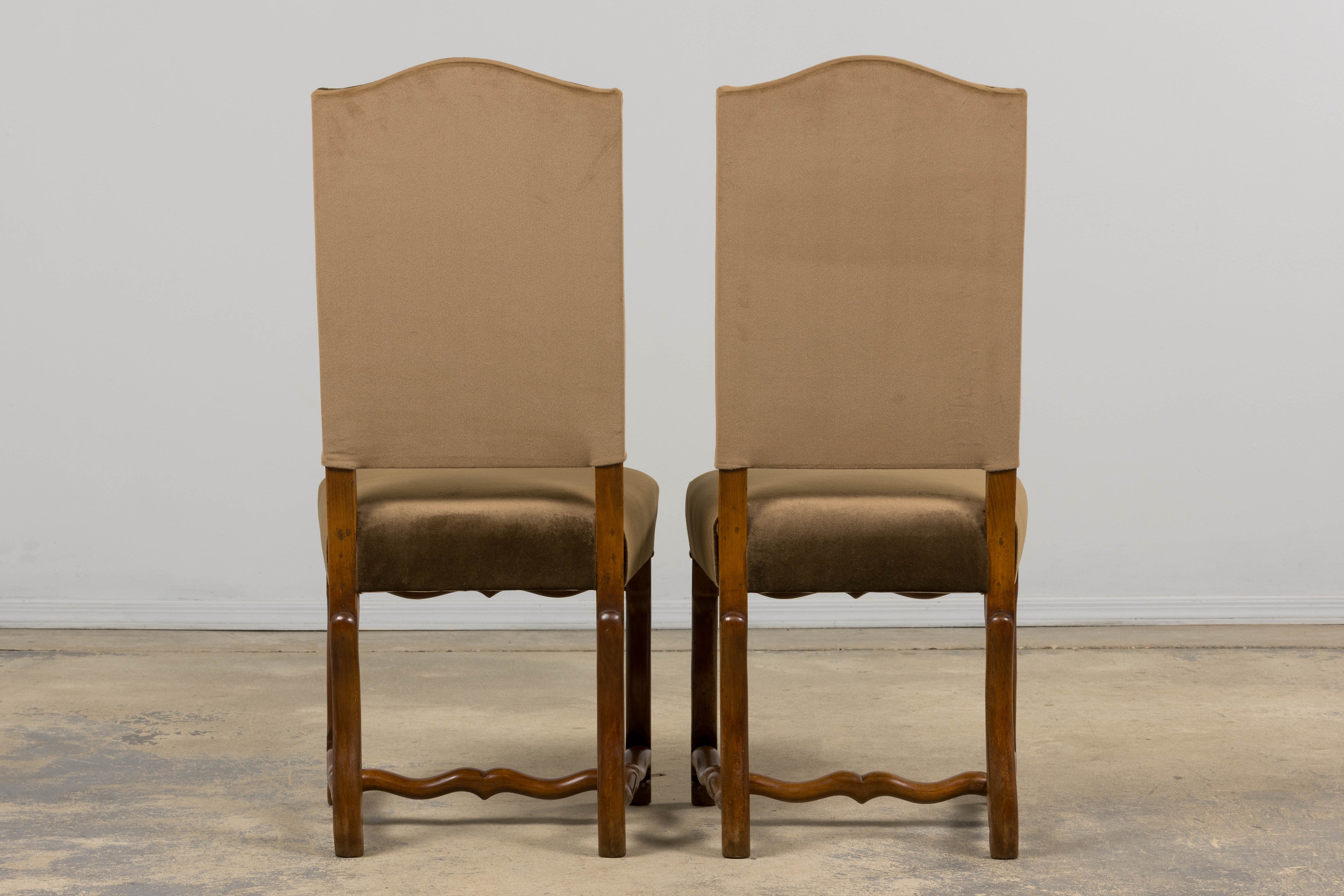 Antique French Louis XIII Style Os De Mouton Maple Dining Chairs in Brown Velvet - Set of 8