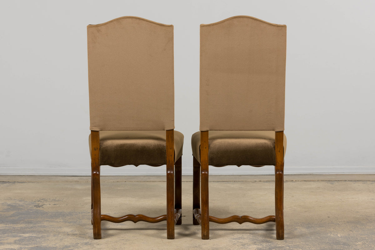 Antique French Louis XIII Style Os De Mouton Maple Dining Chairs in Brown Velvet - Set of 8
