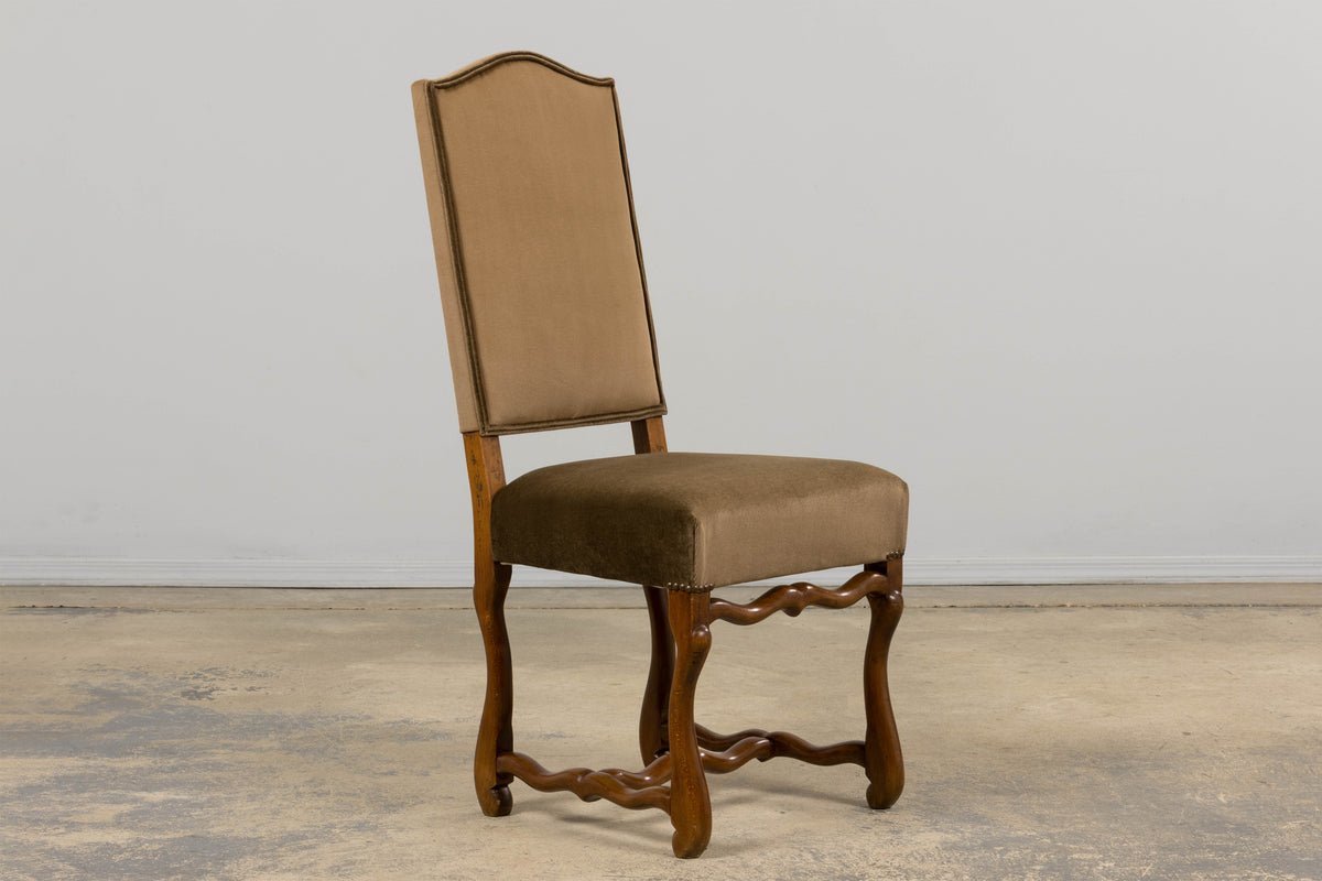 Antique French Louis XIII Style Os De Mouton Maple Dining Chairs in Brown Velvet - Set of 8