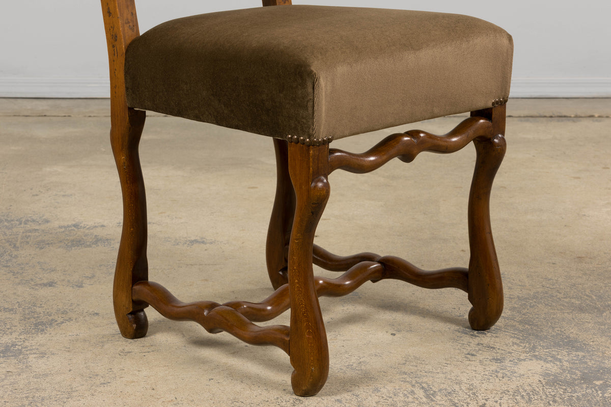 Antique French Louis XIII Style Os De Mouton Maple Dining Chairs in Brown Velvet - Set of 8