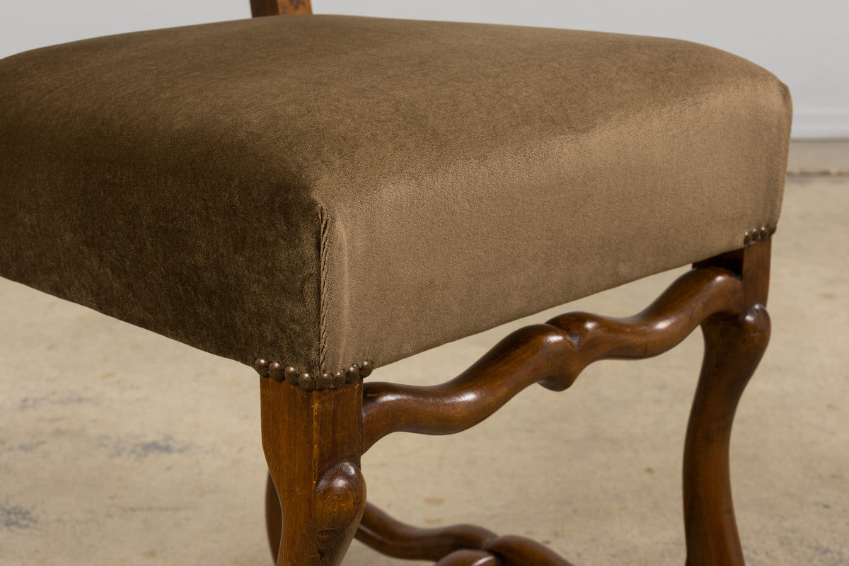 Antique French Louis XIII Style Os De Mouton Maple Dining Chairs in Brown Velvet - Set of 8