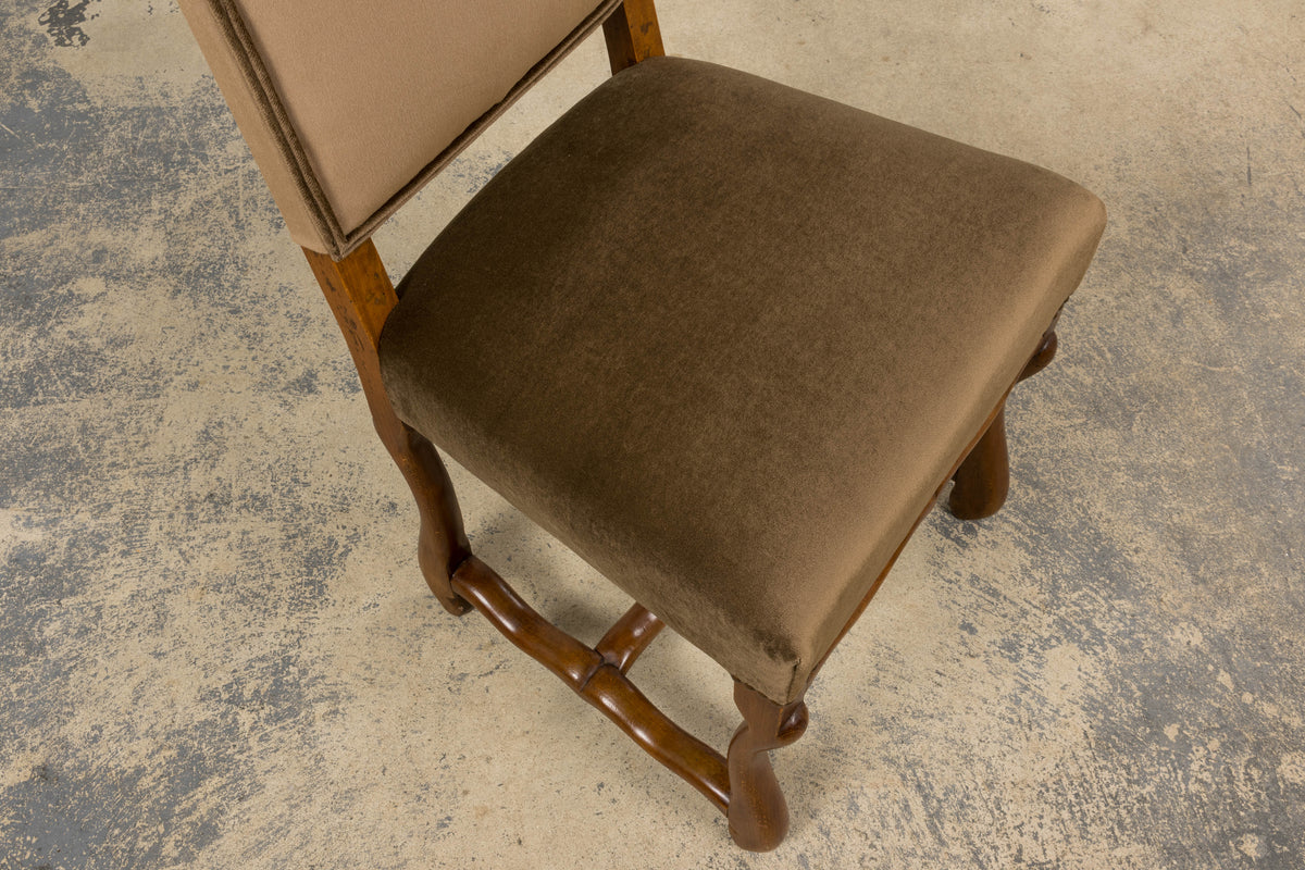 Antique French Louis XIII Style Os De Mouton Maple Dining Chairs in Brown Velvet - Set of 8