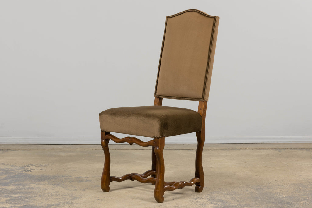 Antique French Louis XIII Style Os De Mouton Maple Dining Chairs in Brown Velvet - Set of 8