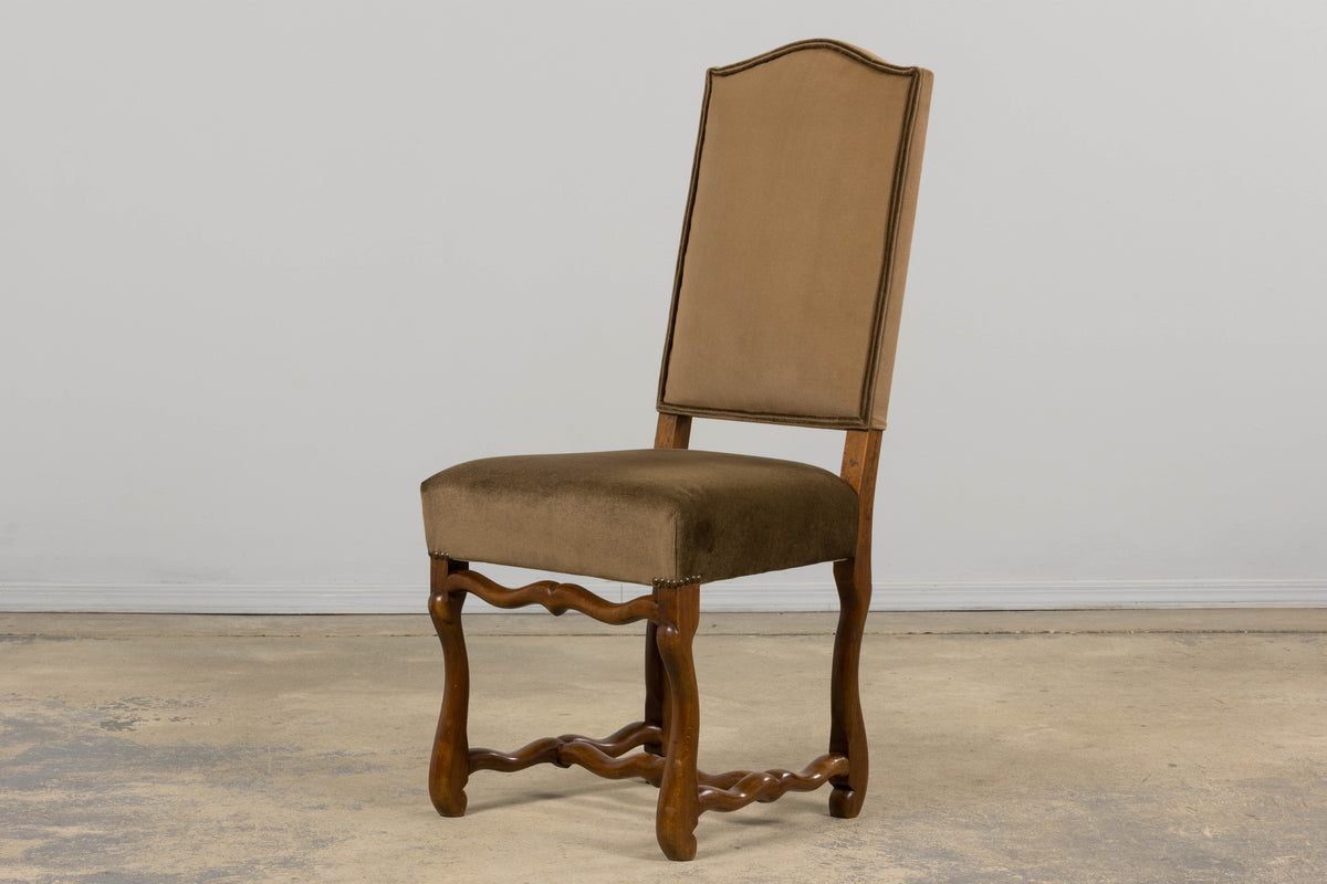 Antique French Louis XIII Style Os De Mouton Maple Dining Chairs in Brown Velvet - Set of 8