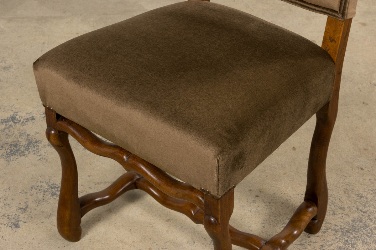 Antique French Louis XIII Style Os De Mouton Maple Dining Chairs in Brown Velvet - Set of 8
