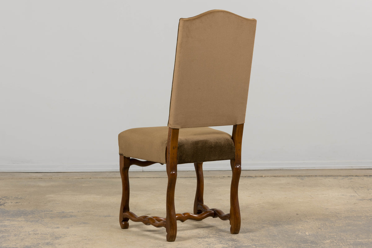 Antique French Louis XIII Style Os De Mouton Maple Dining Chairs in Brown Velvet - Set of 8