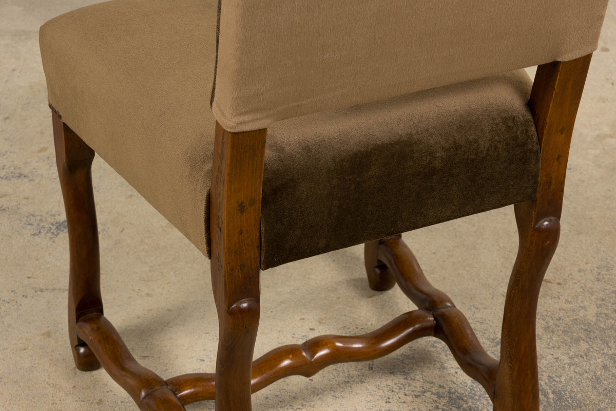 Antique French Louis XIII Style Os De Mouton Maple Dining Chairs in Brown Velvet - Set of 8