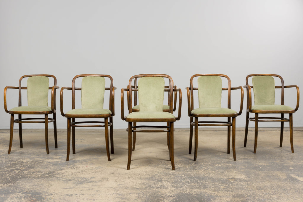 1950s Thonet Bentwood Armchairs in Willow Green Velvet - Set of 6