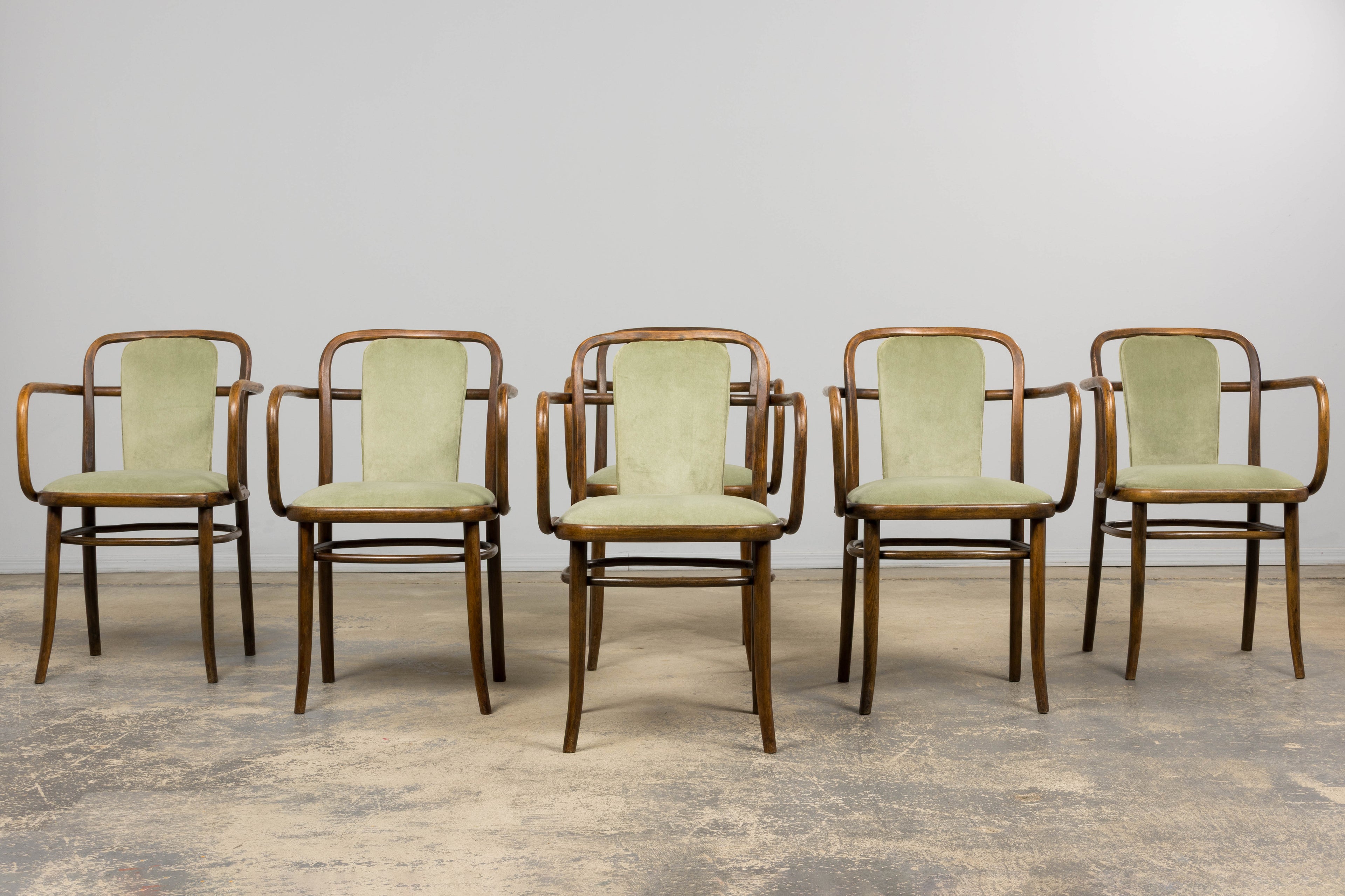 1950s Thonet Bentwood Armchairs in Willow Green Velvet - Set of 6
