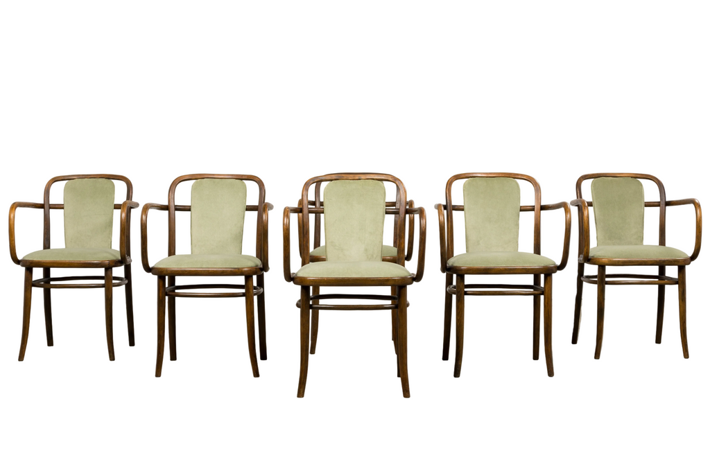 1950s Thonet Bentwood Armchairs in Willow Green Velvet - Set of 6