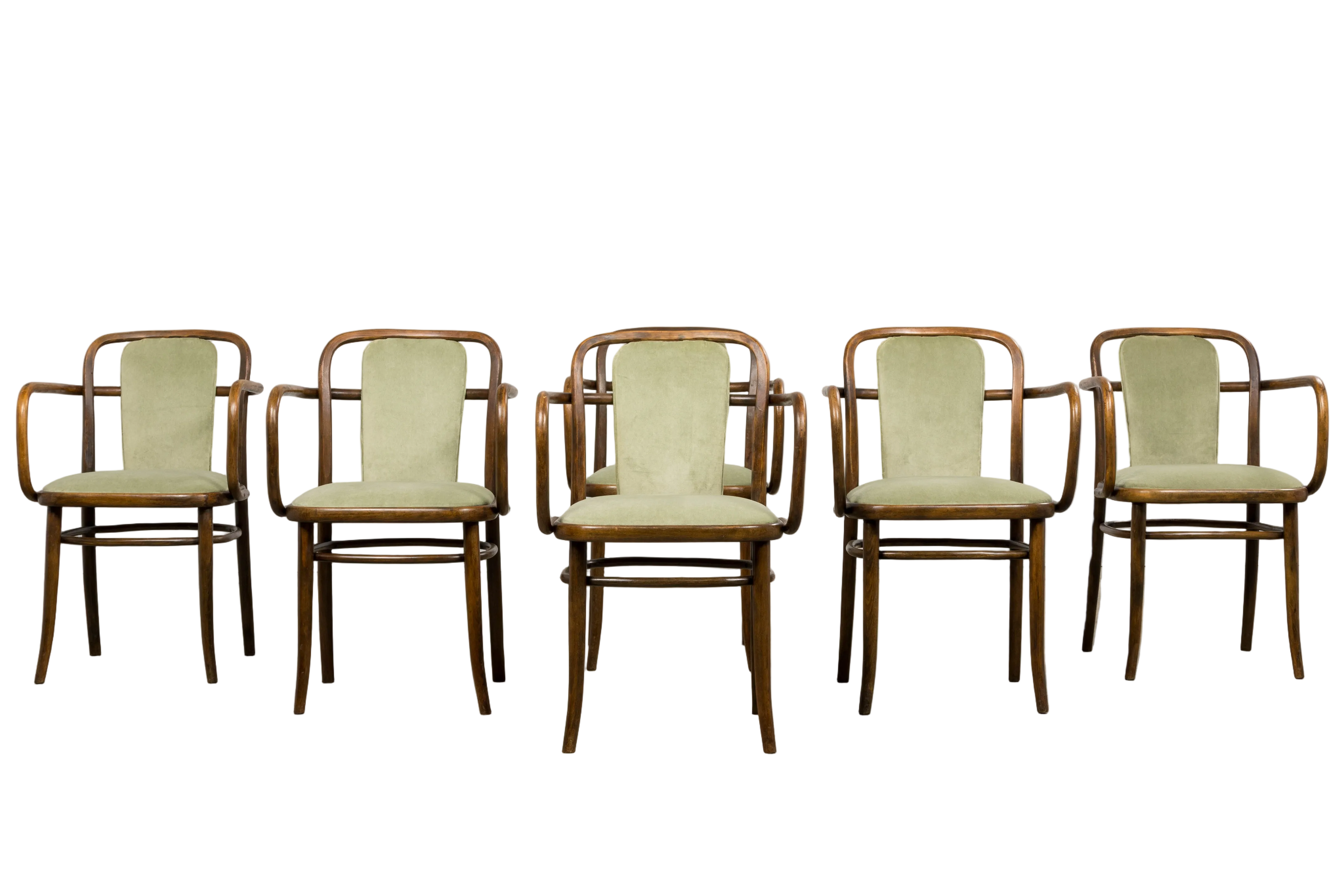 1950s Thonet Bentwood Armchairs in Willow Green Velvet - Set of 6