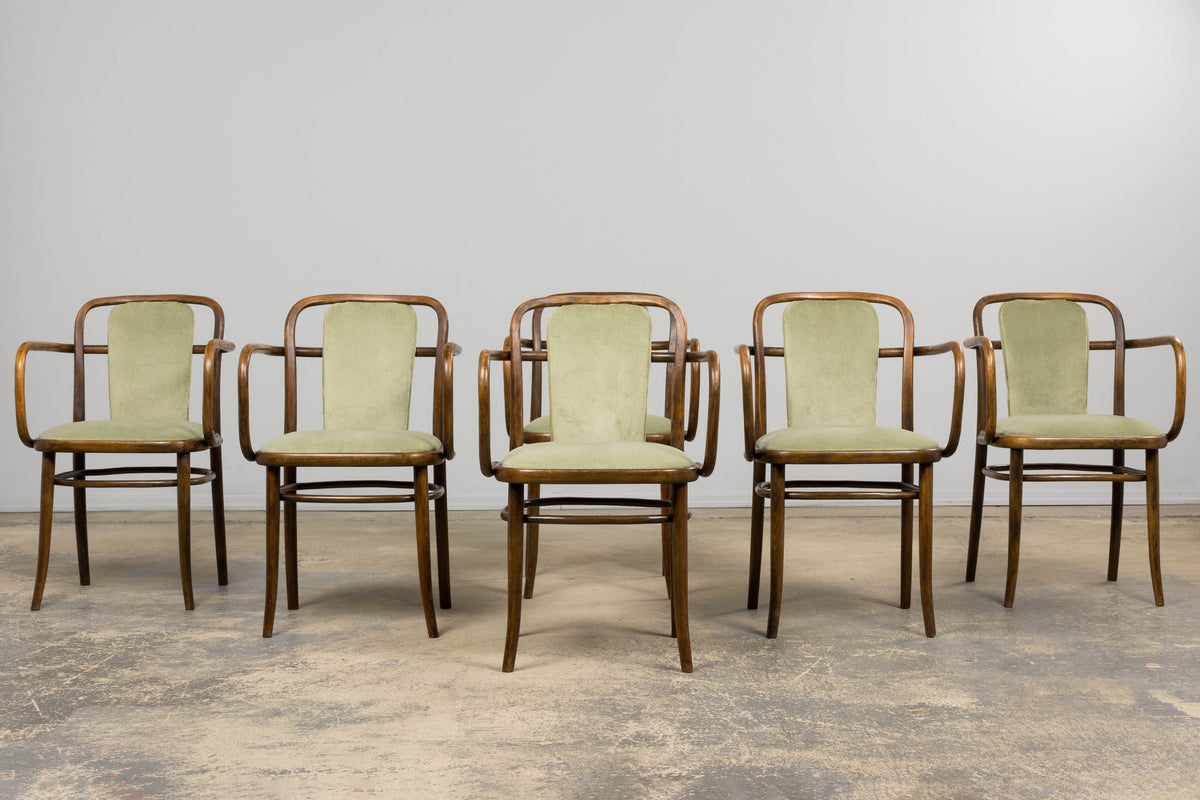 1950s Thonet Bentwood Armchairs in Willow Green Velvet - Set of 6