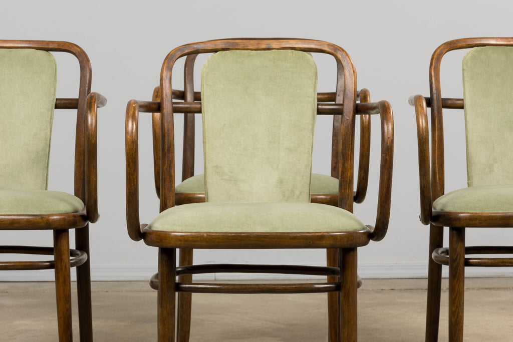 1950s Thonet Bentwood Armchairs in Willow Green Velvet - Set of 6