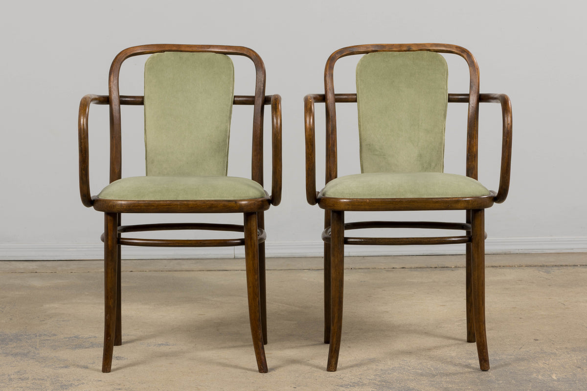 1950s Thonet Bentwood Armchairs in Willow Green Velvet - Set of 6