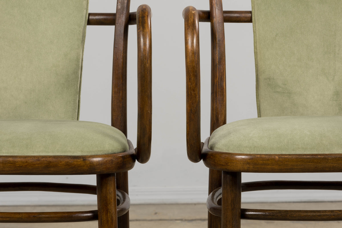 1950s Thonet Bentwood Armchairs in Willow Green Velvet - Set of 6