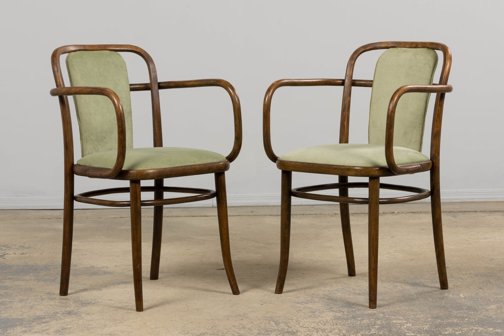 1950s Thonet Bentwood Armchairs in Willow Green Velvet - Set of 6