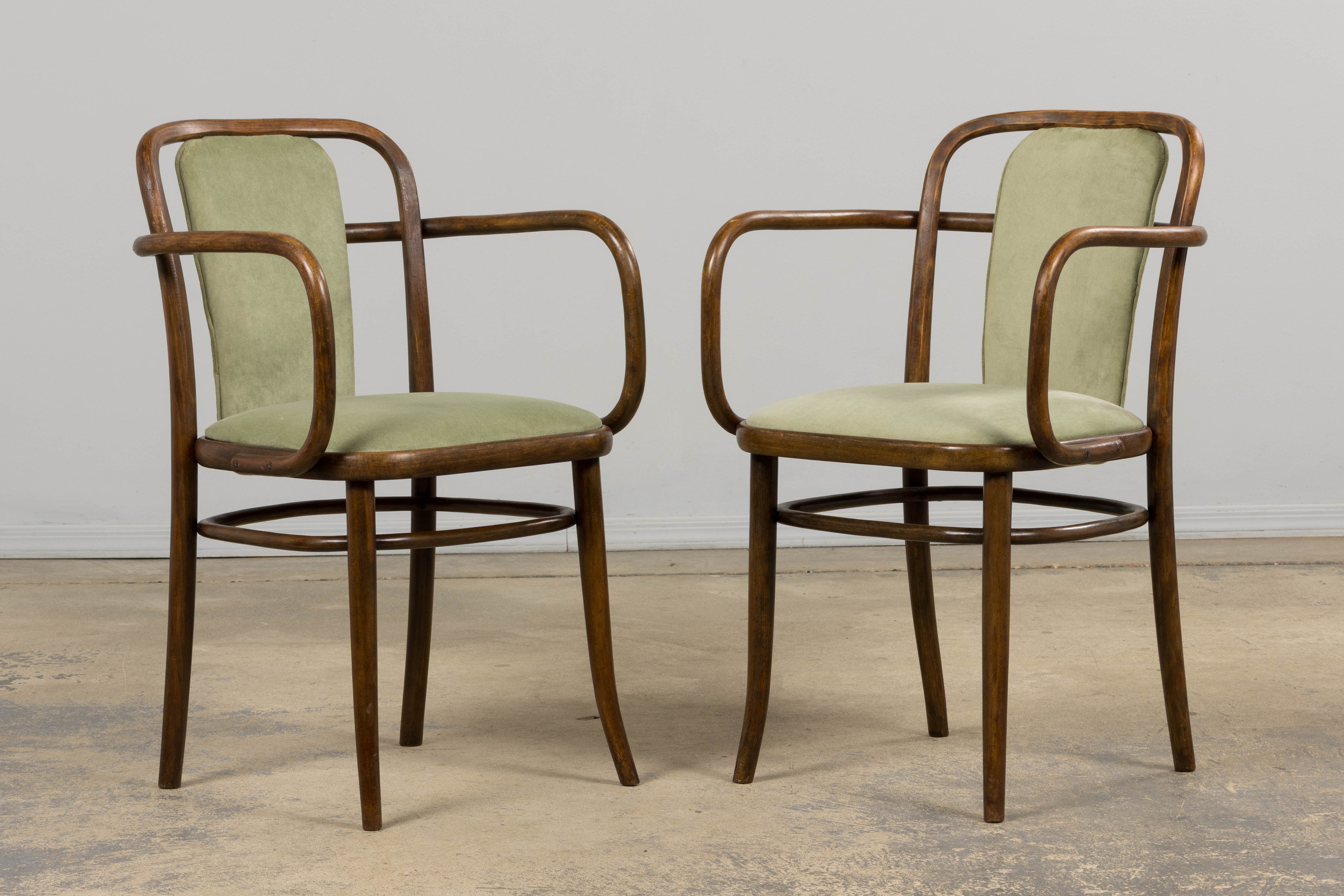 1950s Thonet Bentwood Armchairs in Willow Green Velvet - Set of 6