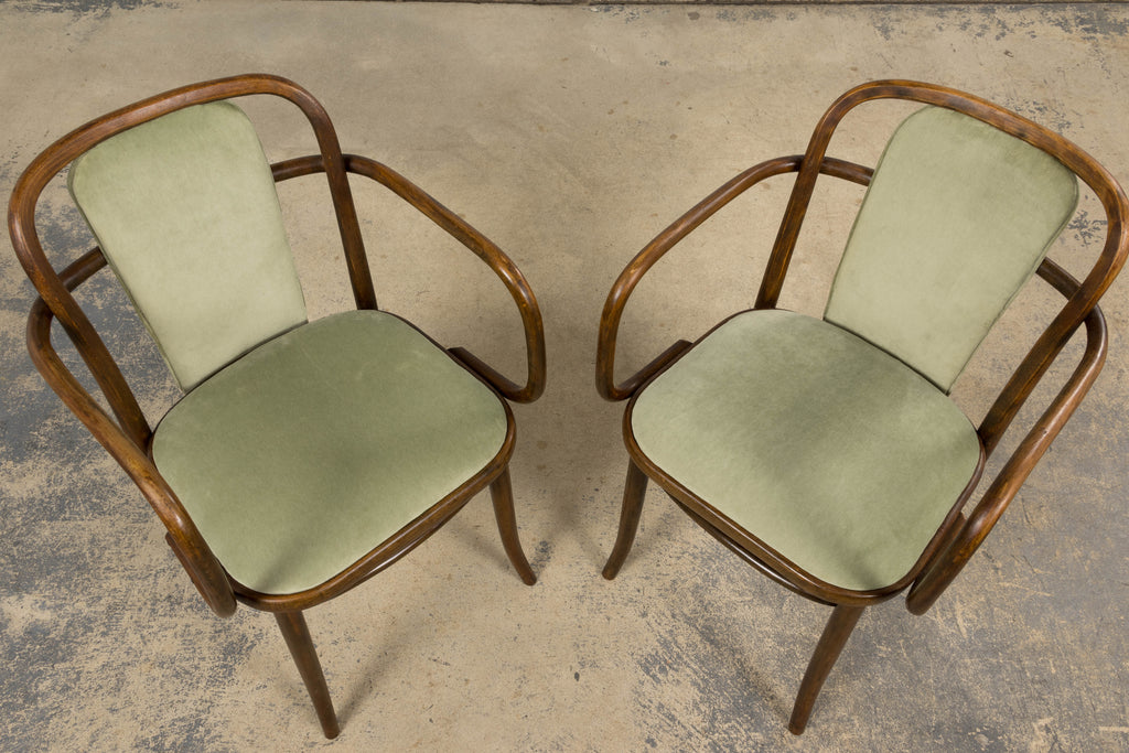 1950s Thonet Bentwood Armchairs in Willow Green Velvet - Set of 6