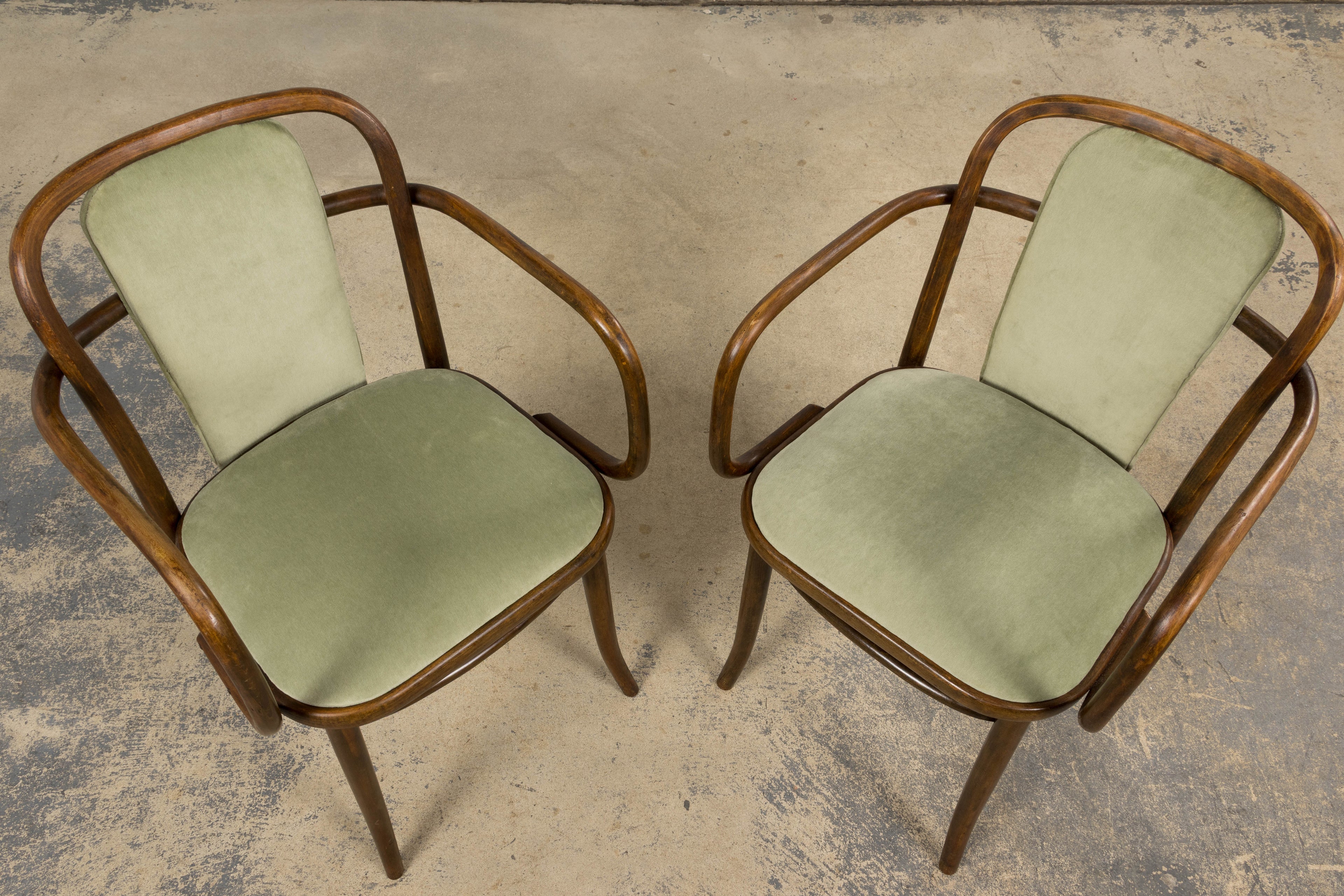 1950s Thonet Bentwood Armchairs in Willow Green Velvet - Set of 6