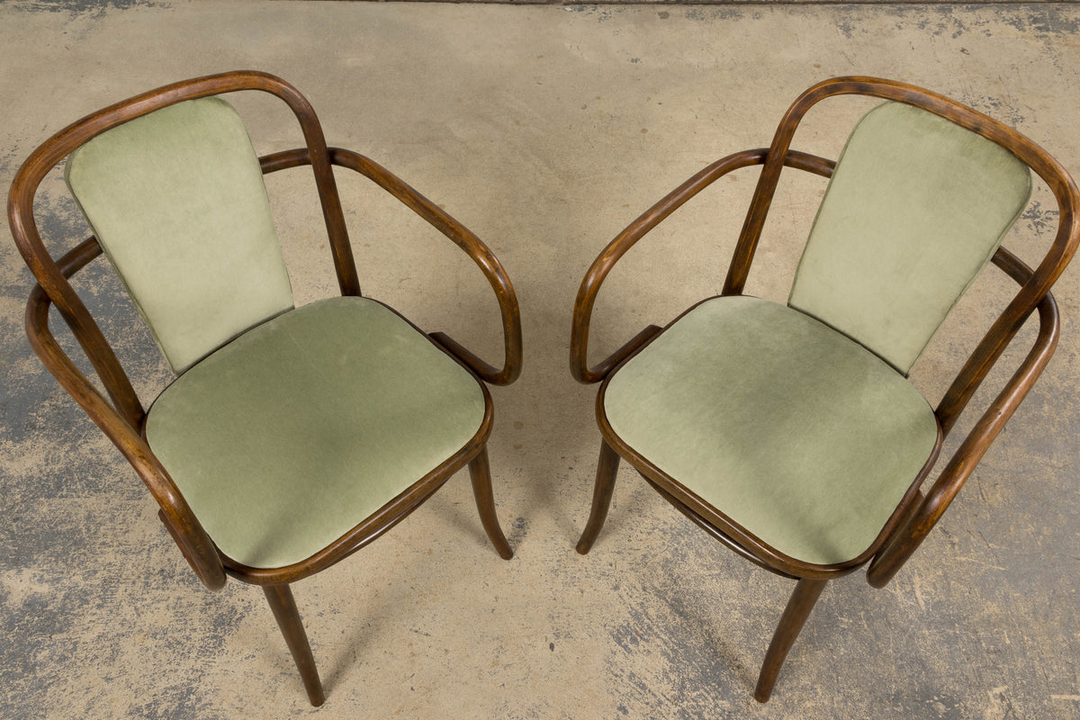 1950s Thonet Bentwood Armchairs in Willow Green Velvet - Set of 6