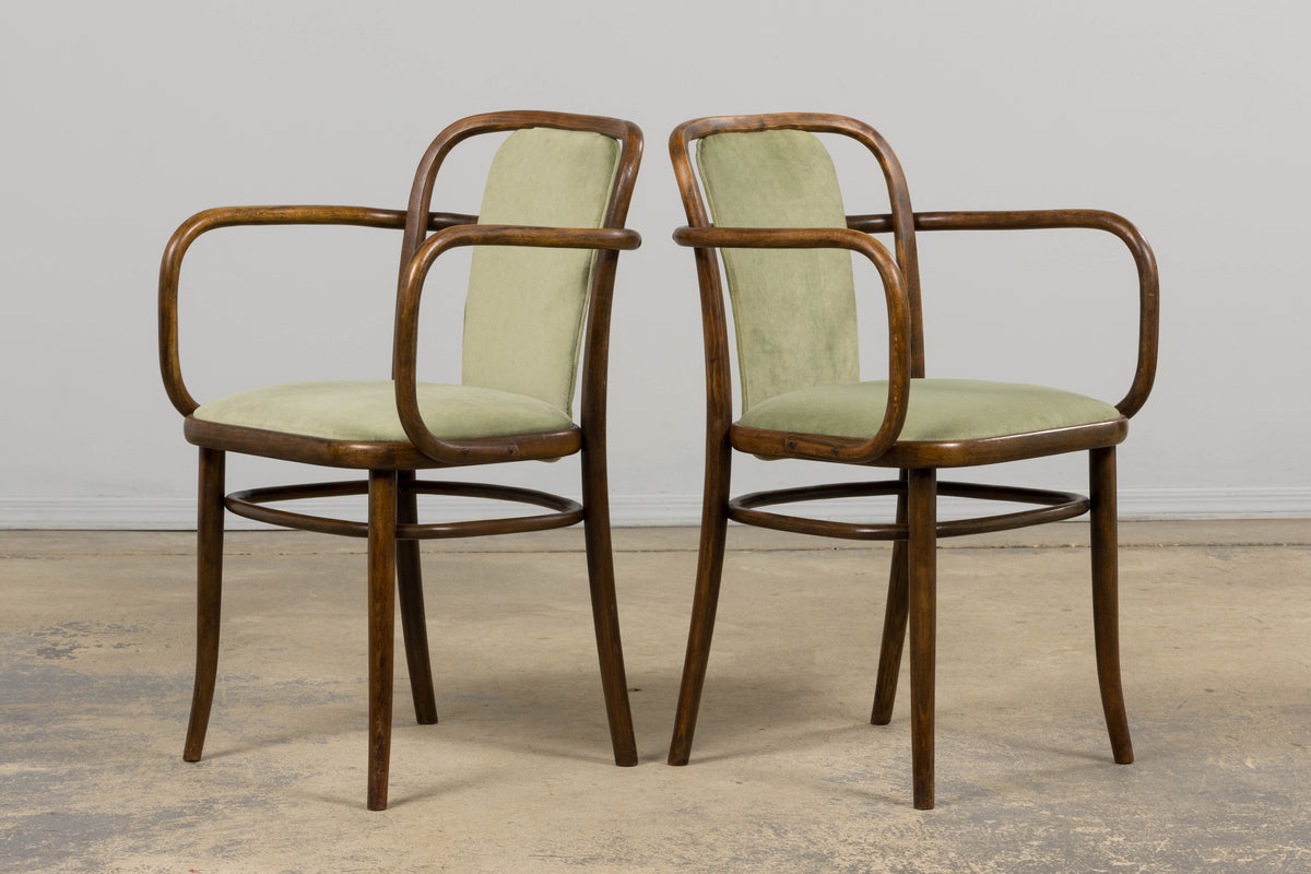 1950s Thonet Bentwood Armchairs in Willow Green Velvet - Set of 6
