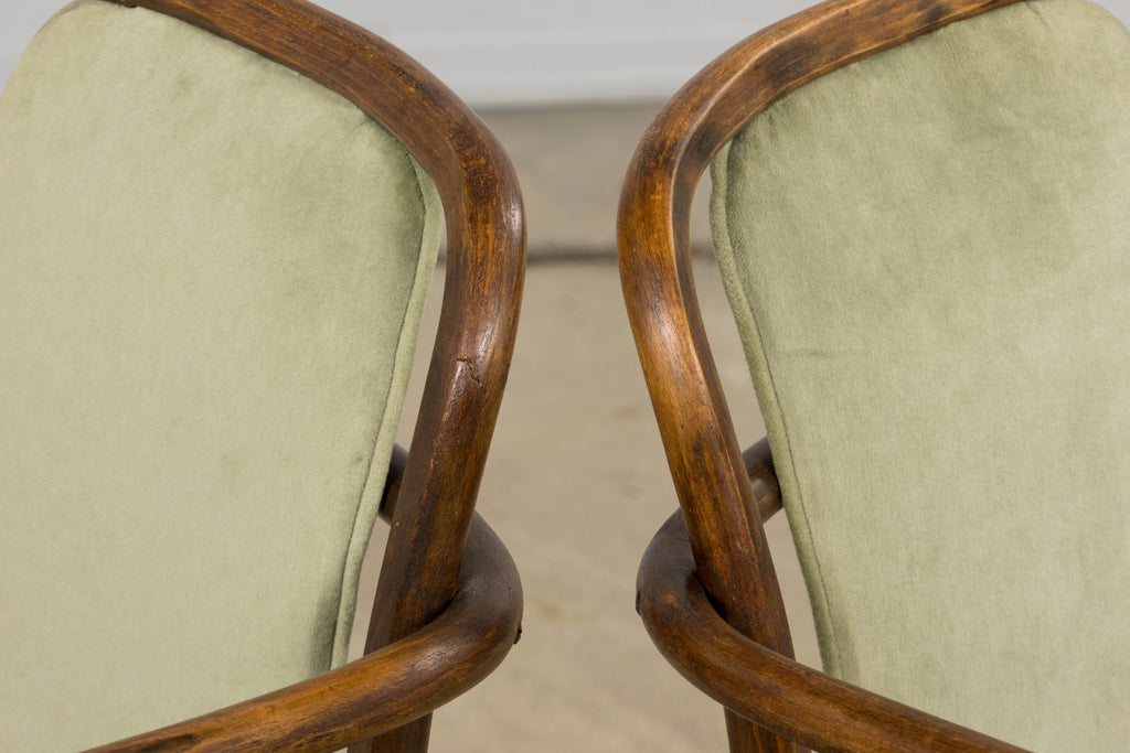 1950s Thonet Bentwood Armchairs in Willow Green Velvet - Set of 6
