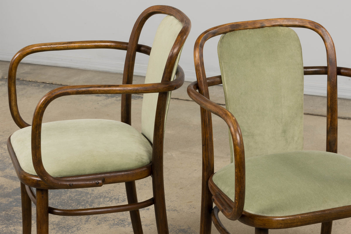 1950s Thonet Bentwood Armchairs in Willow Green Velvet - Set of 6