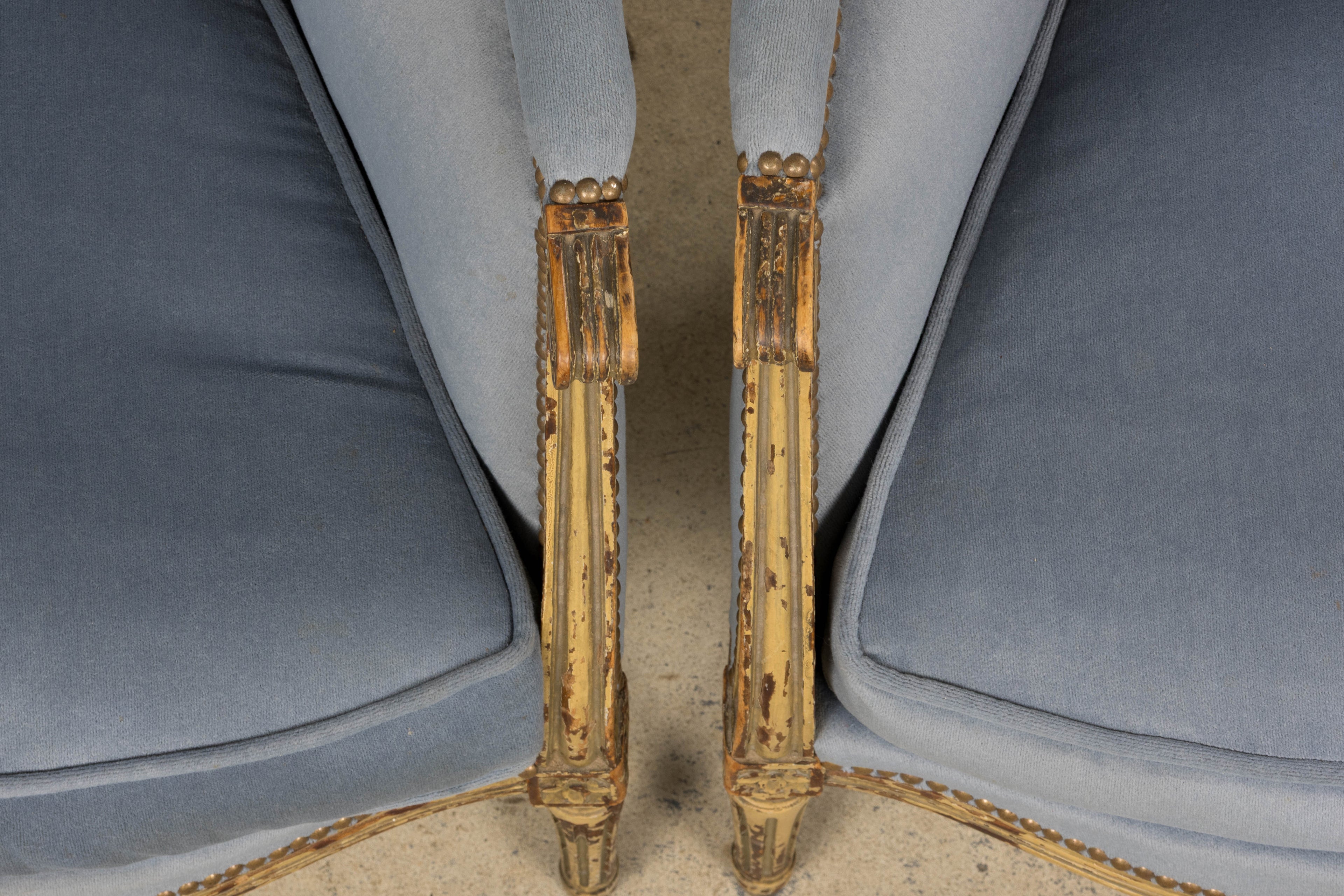 Antique French Louis XVI Style Armchairs in Blue Velvet - A Pair