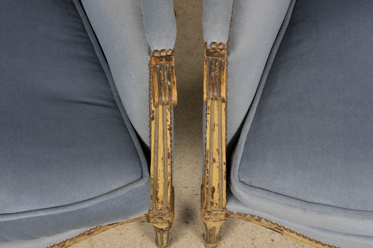 Antique French Louis XVI Style Armchairs in Blue Velvet - A Pair