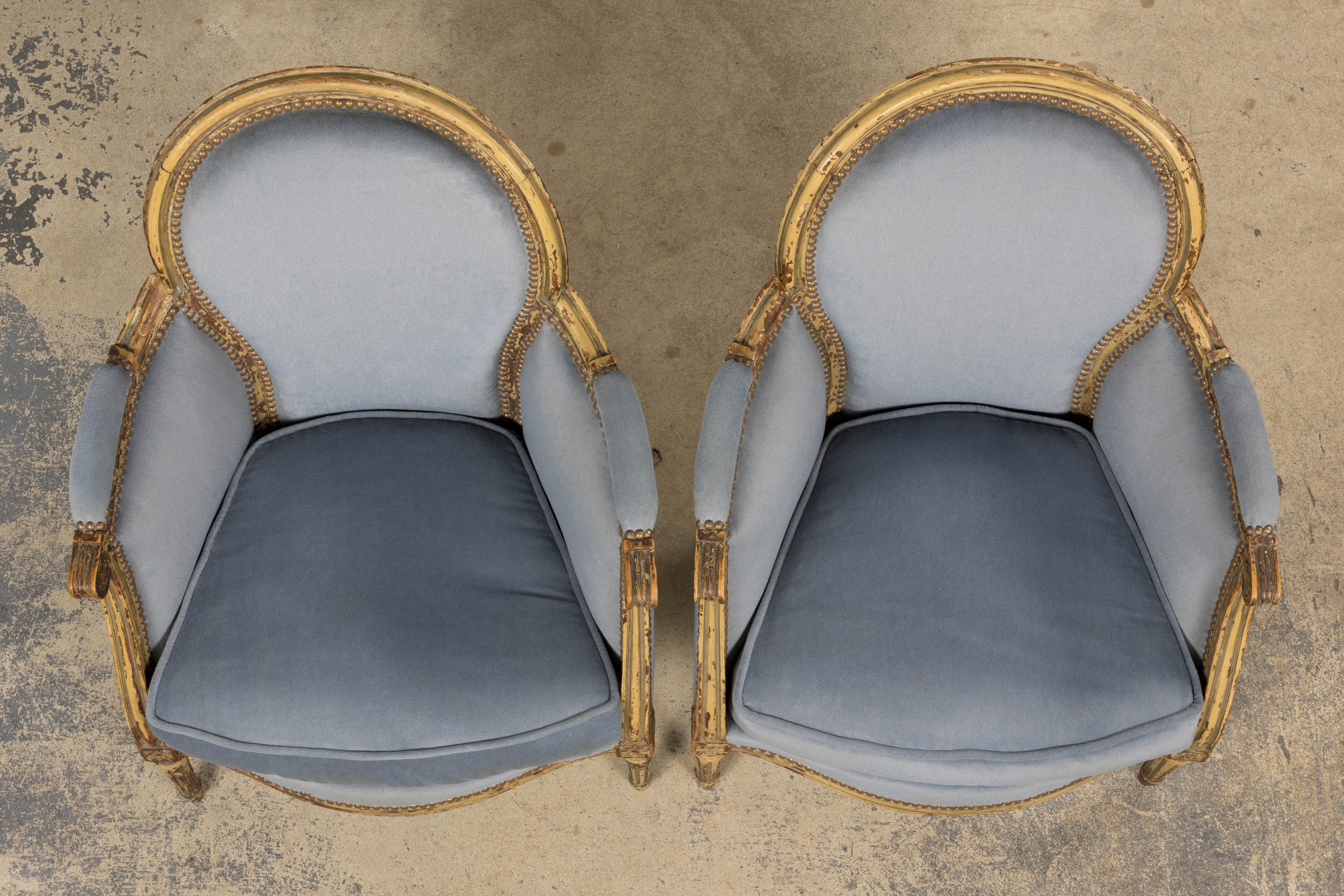 Antique French Louis XVI Style Armchairs in Blue Velvet - A Pair