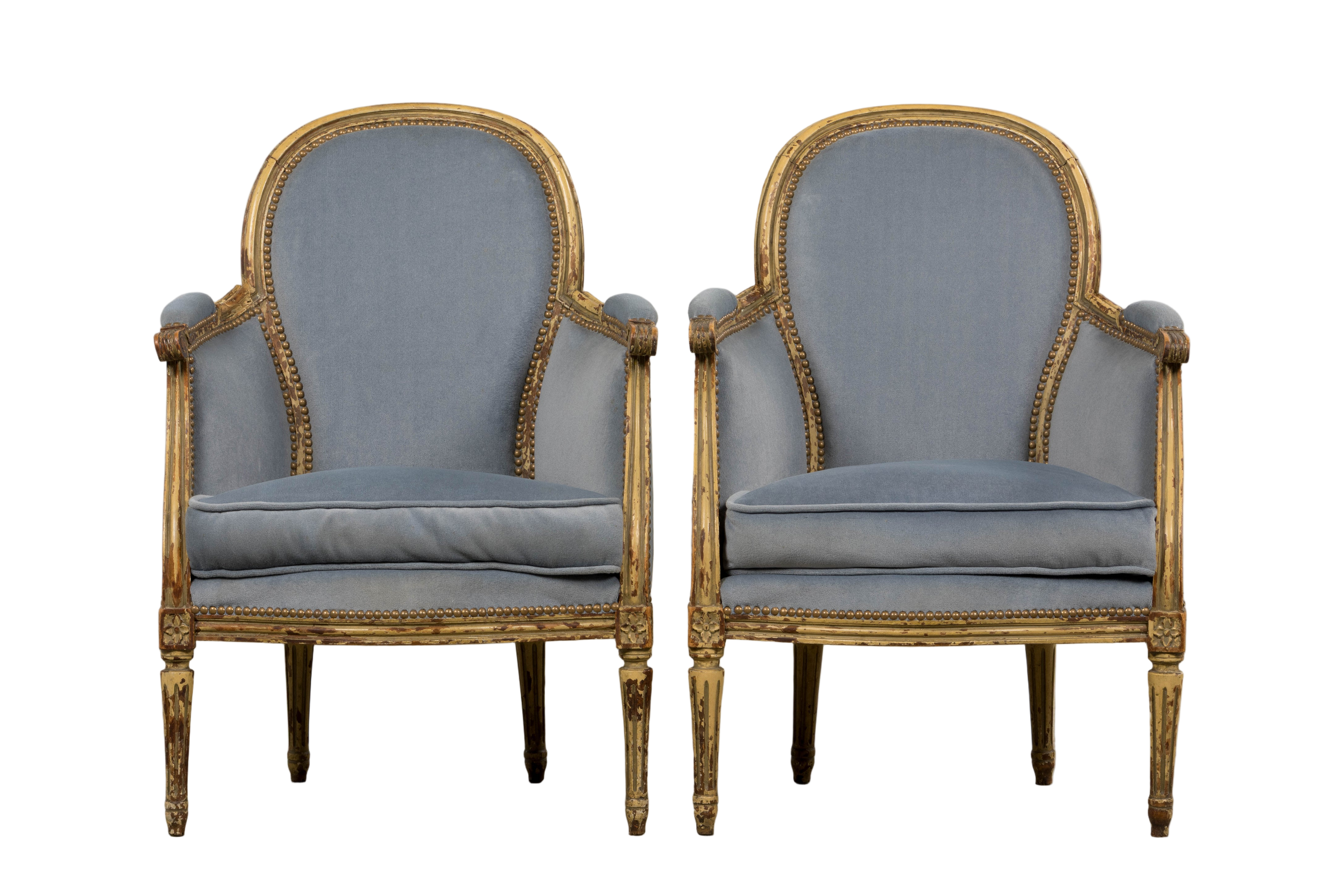 Antique French Louis XVI Style Armchairs in Blue Velvet - A Pair