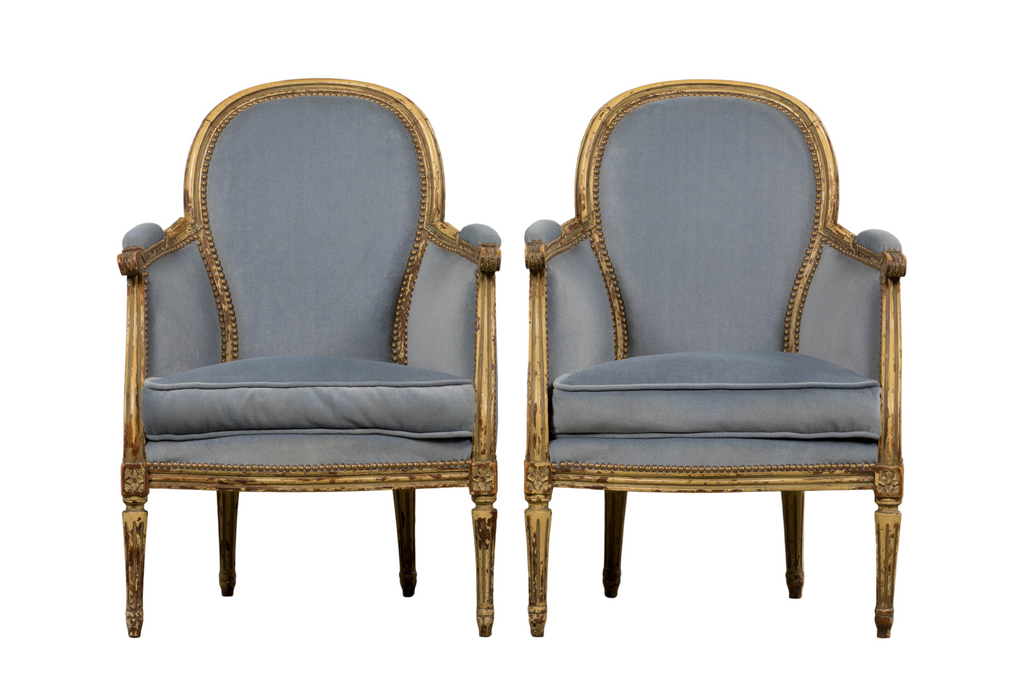 Antique French Louis XVI Style Armchairs in Blue Velvet - A Pair