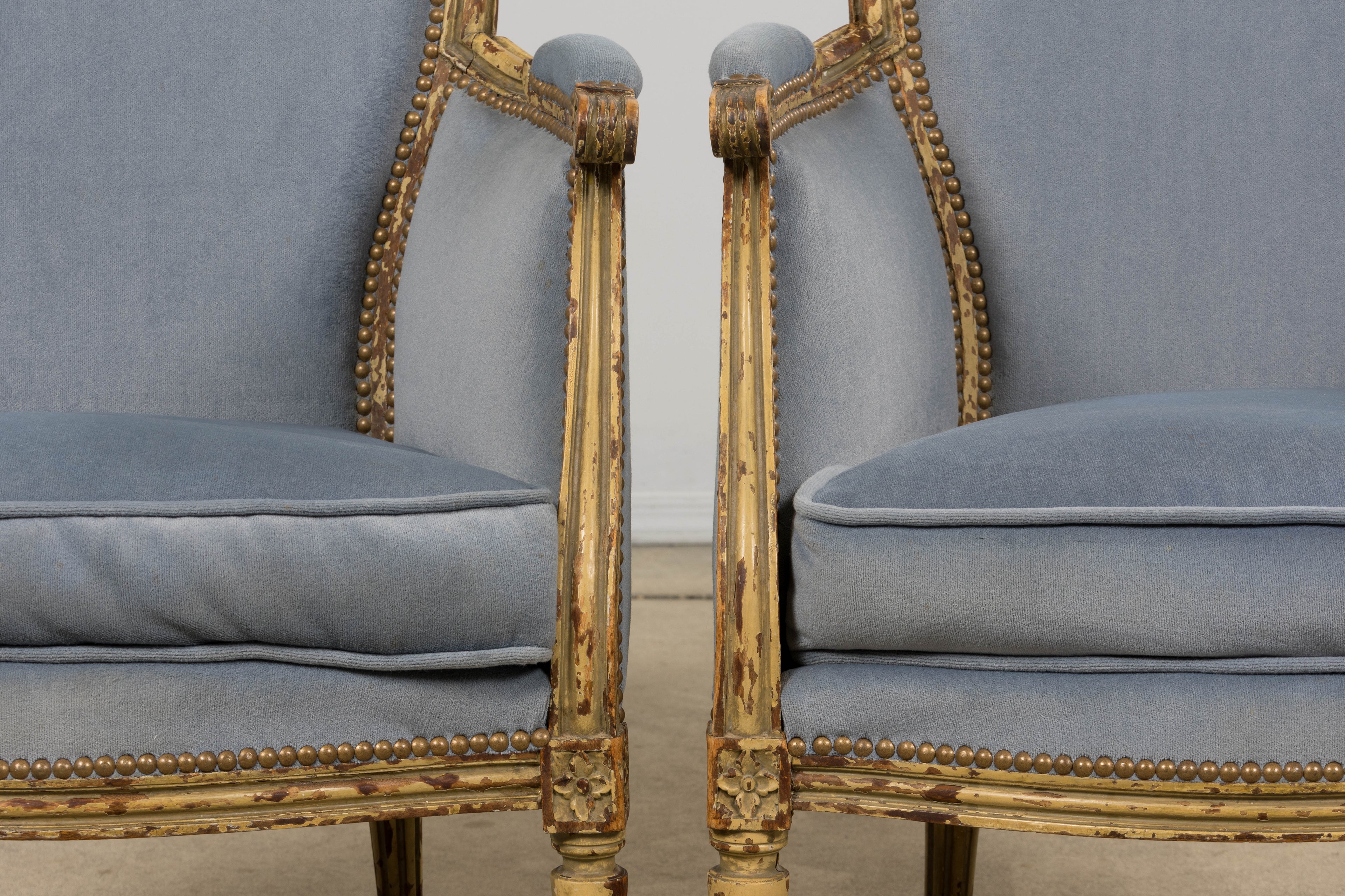 Antique French Louis XVI Style Armchairs in Blue Velvet - A Pair