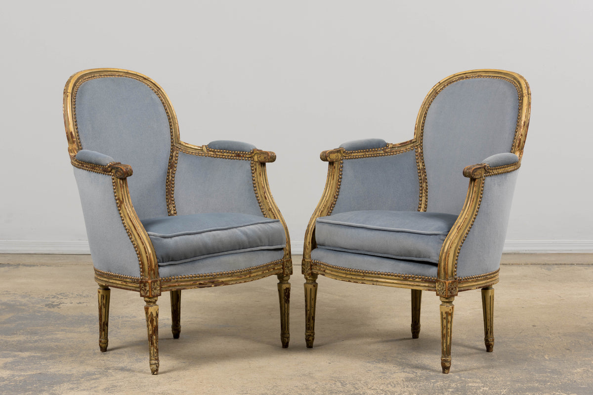 Antique French Louis XVI Style Armchairs in Blue Velvet - A Pair