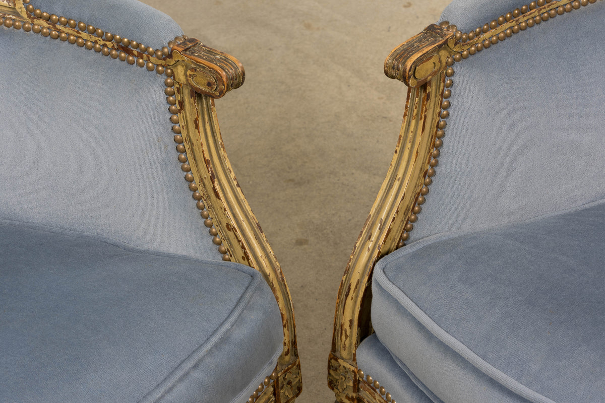 Antique French Louis XVI Style Armchairs in Blue Velvet - A Pair