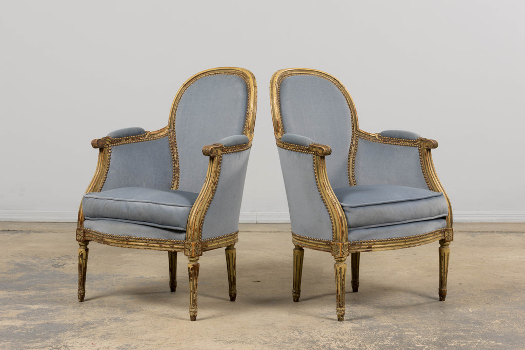 Antique French Louis XVI Style Armchairs in Blue Velvet - A Pair