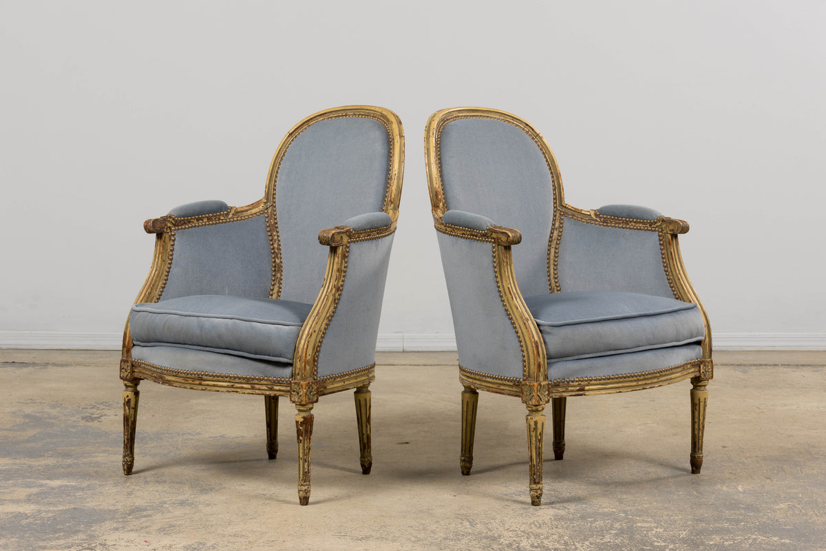 Antique French Louis XVI Style Armchairs in Blue Velvet - A Pair