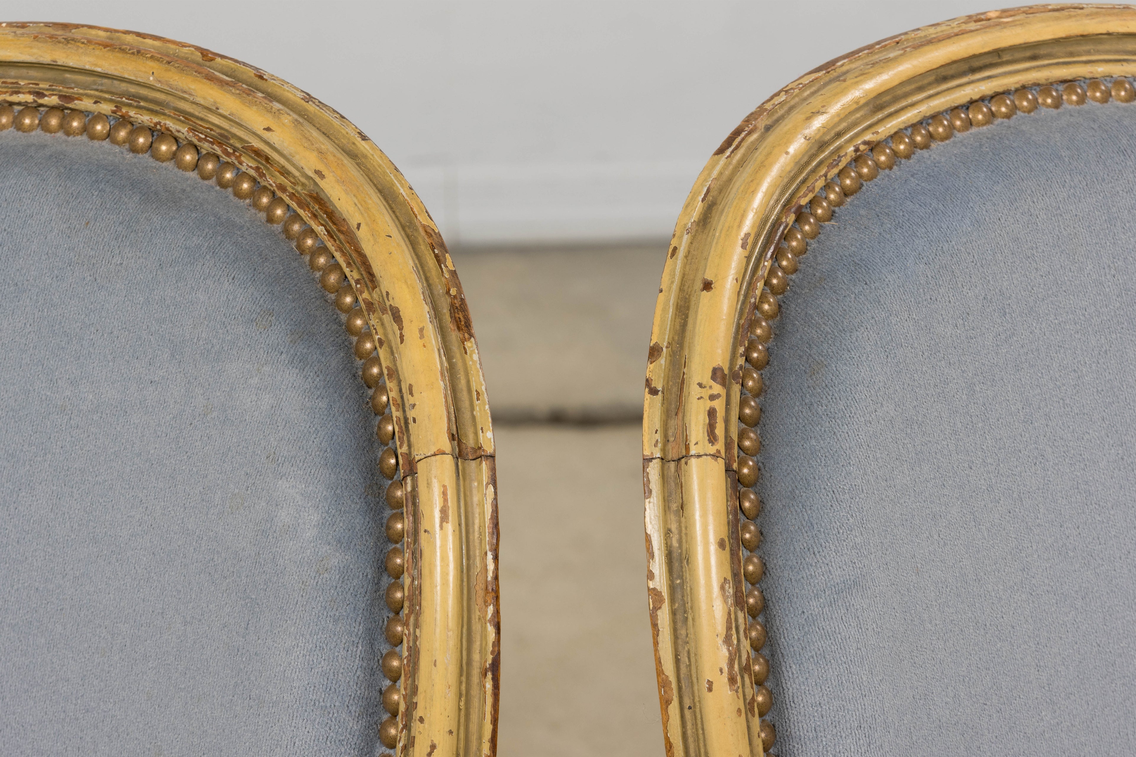 Antique French Louis XVI Style Armchairs in Blue Velvet - A Pair