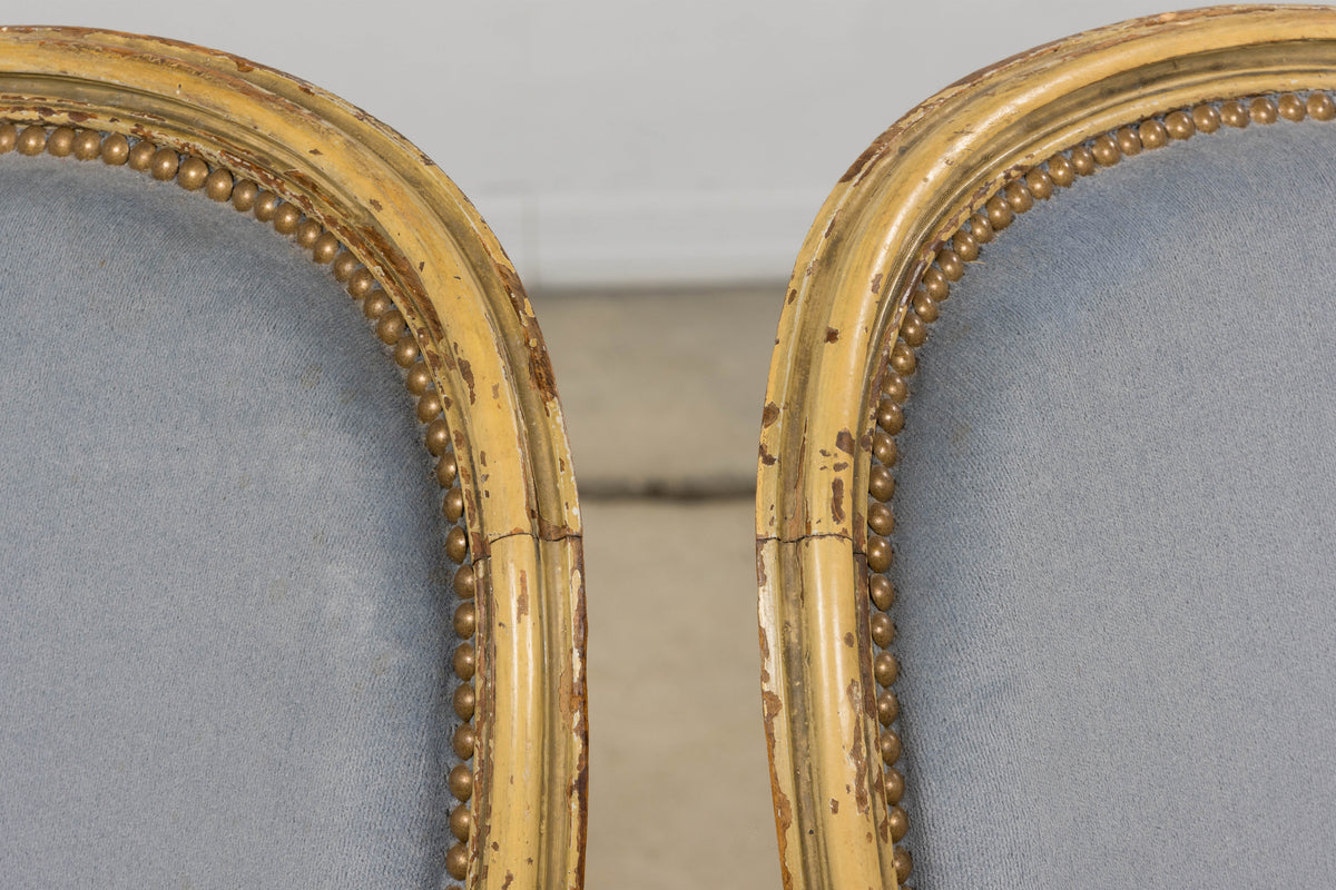 Antique French Louis XVI Style Armchairs in Blue Velvet - A Pair