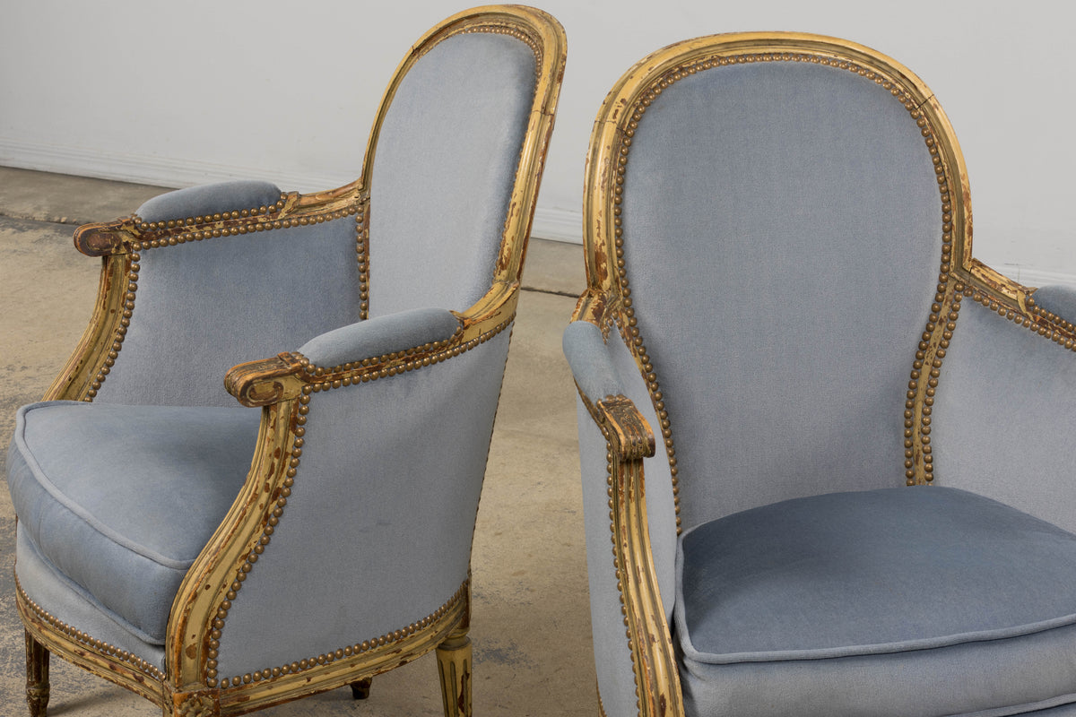 Antique French Louis XVI Style Armchairs in Blue Velvet - A Pair